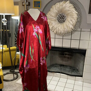 Red Satin Vintage Floral Kaftan Mumu  dress Mrs Roper one size